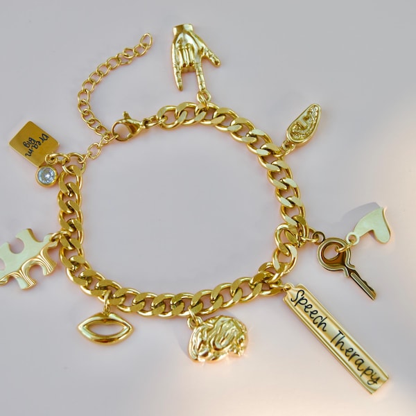 SLP bracelet, SLP gift bracelet, speech therapy gifts, bracelet SLP, mouth bracelet,  charms, puzzle piece charm, speech therapy, slp gift
