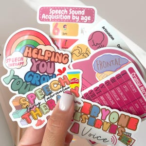 May include: A collection of colorful speech therapy stickers with text like "Speech Therapy," "Helping You Grow," and "Everyone Deserves a Voice." The stickers feature rainbows, Play-Doh, and anatomical diagrams.