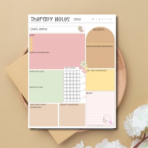 May include: A printable therapy notes page with sections for client name, goals, cognitive development, expressive skills, receptive skills, fine/gross motor development, data tracker, sensory integration, activity, social-emotional development, self-help development, and notes. The page is decorated with flowers and a cartoon animal.