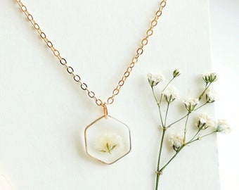 Hexagon Babys Breath Resin Necklace, Real Flower Jewelry