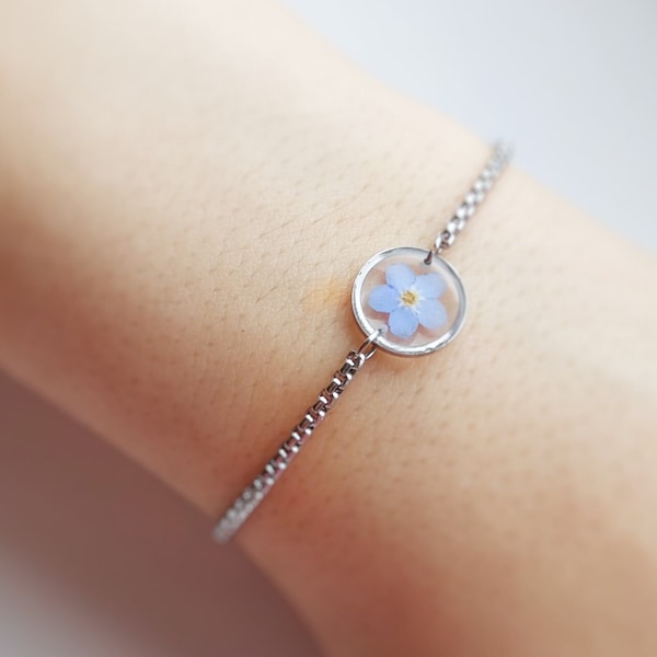 Forget Me Not Flower Resin Bracelet, Stainless Steel, Botanical Jewelry