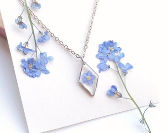 Diamond Forget Me Not Resin Necklace, Pressed Flower Jewelry