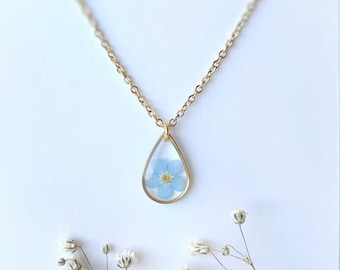 Teardrop Forget Me Not Necklace, Resin Pressed Flower Jewelry