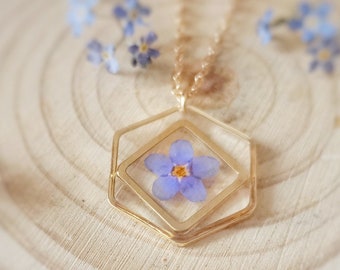 Hexagon Forget Me Not Resin Necklace, Pressed Flower Jewelry