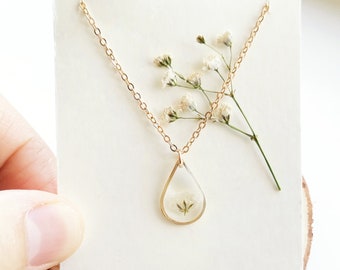 Teardrop Babys Breath Necklace, Gypsophila Flower Necklace, Real Flower Jewelry, Real Flower Necklace, Resin Jewelry,Pressed Flower Jewelry