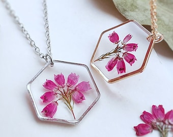 Hexagon Heather Flower Necklace, Pressed Flower Resin Jewelry
