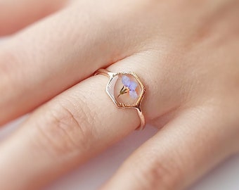 Hexagon Forget-Me-Not Ring, Pressed Flower Resin Jewelry
