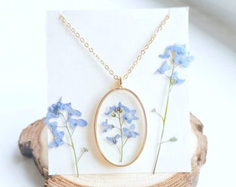 Forget-Me-Not Flower Necklace, Pressed Flower Resin Pendant, Botanical Jewelry