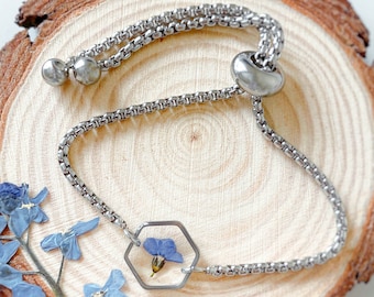 Forget Me Not Flower Bracelet, Resin Hexagon Charm, Stainless Steel