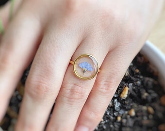 Adjustable Forget-Me-Not Ring, Real Pressed Flower, Resin Jewelry