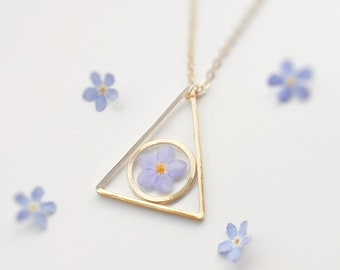 Triangle Forget Me Not Resin Necklace, Pressed Flower Jewelry