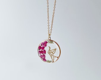 Pressed Pink Heather Flower Necklace, Resin Jewelry, Brass Pendant