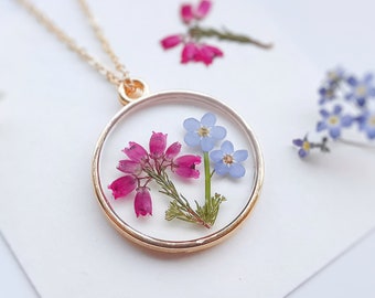 Forget Me Not Resin Necklace, Pressed Heather Flower Jewelry,  Necklace for Women