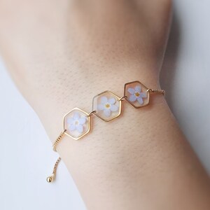 Forget Me Not Flower Resin Bracelet, Gold Slider Bracelet