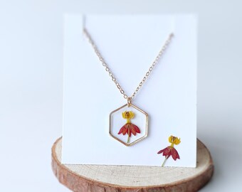 Hexagon Milkweed Flower Necklace, Pressed Flower Resin Jewelry