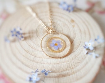 Forget Me Not Resin Necklace, Pressed Flower Jewelry, Brass Pendant