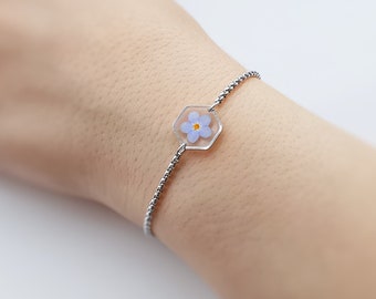 Forget Me Not Flower Bracelet, Silver Stainless Steel, Resin Jewelry