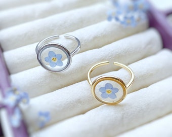 Real Forget-Me-Not Flower Ring, Resin Jewelry, Adjustable Ring