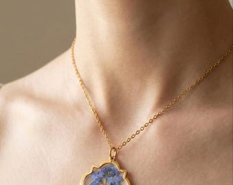 Forget Me Not Flower Necklace, Pressed Flower Stainless Steel Jewelry