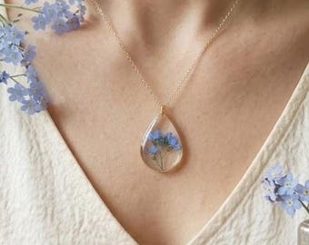 Teardrop Resin Necklace, Real Forget Me Not Flower Jewelry,