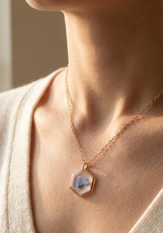 Personalized Forget Me Not Necklace, Real Pressed Flower Silver Jewelry, Memorial Sympathy Gift, Meaningful Birthday Gift for Her