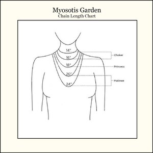 May include: A line drawing illustrating necklace chain lengths. The chart shows a neck and shoulders with various chain lengths labeled: 14" (choker), 16", 18" (princess), 20", and 24" (matinee). The text "Myosotis Garden Chain Length Chart" is at the top.