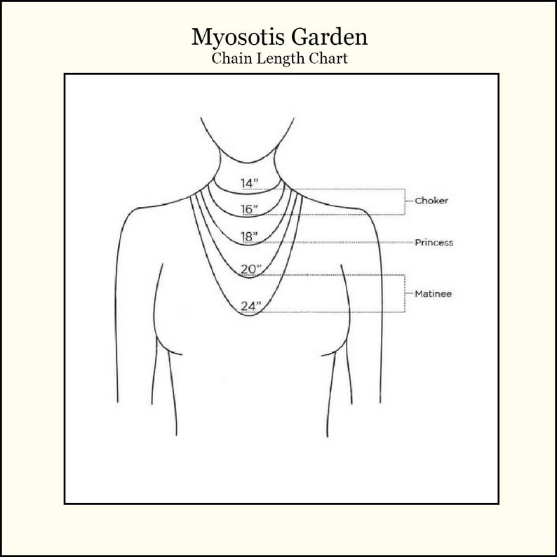 May include: A line drawing illustrating necklace chain lengths. The chart shows a neck and shoulders with various chain lengths labeled: 14" (choker), 16", 18" (princess), 20", and 24" (matinee). The text "Myosotis Garden Chain Length Chart" is at the top.