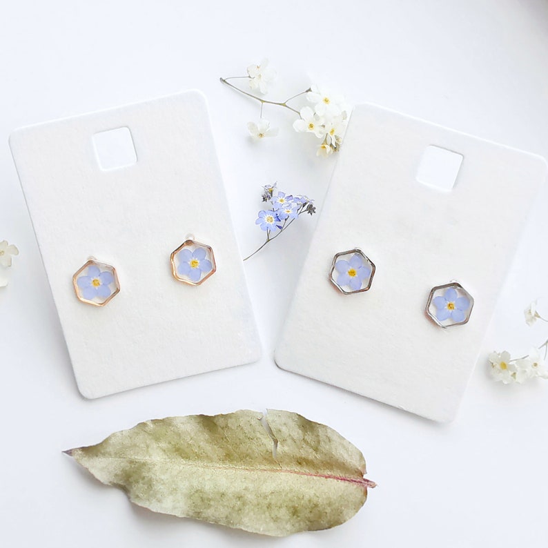 Pressed Flower Earrings -Abstract Face Forget Me Not Flower