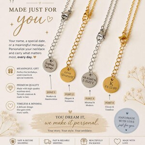 May include: Four personalized necklaces with gold and silver chains and circular pendants. The pendants feature engraved text and dates. The image includes text that says "Made Just For You" and "You dream it, we make it personal."