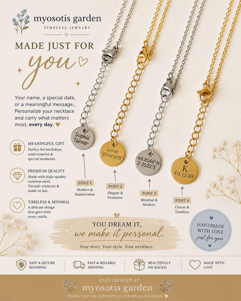 May include: Four personalized necklaces with gold and silver chains and circular pendants. The pendants feature engraved text and dates. The image includes text that says "Made Just For You" and "You dream it, we make it personal."