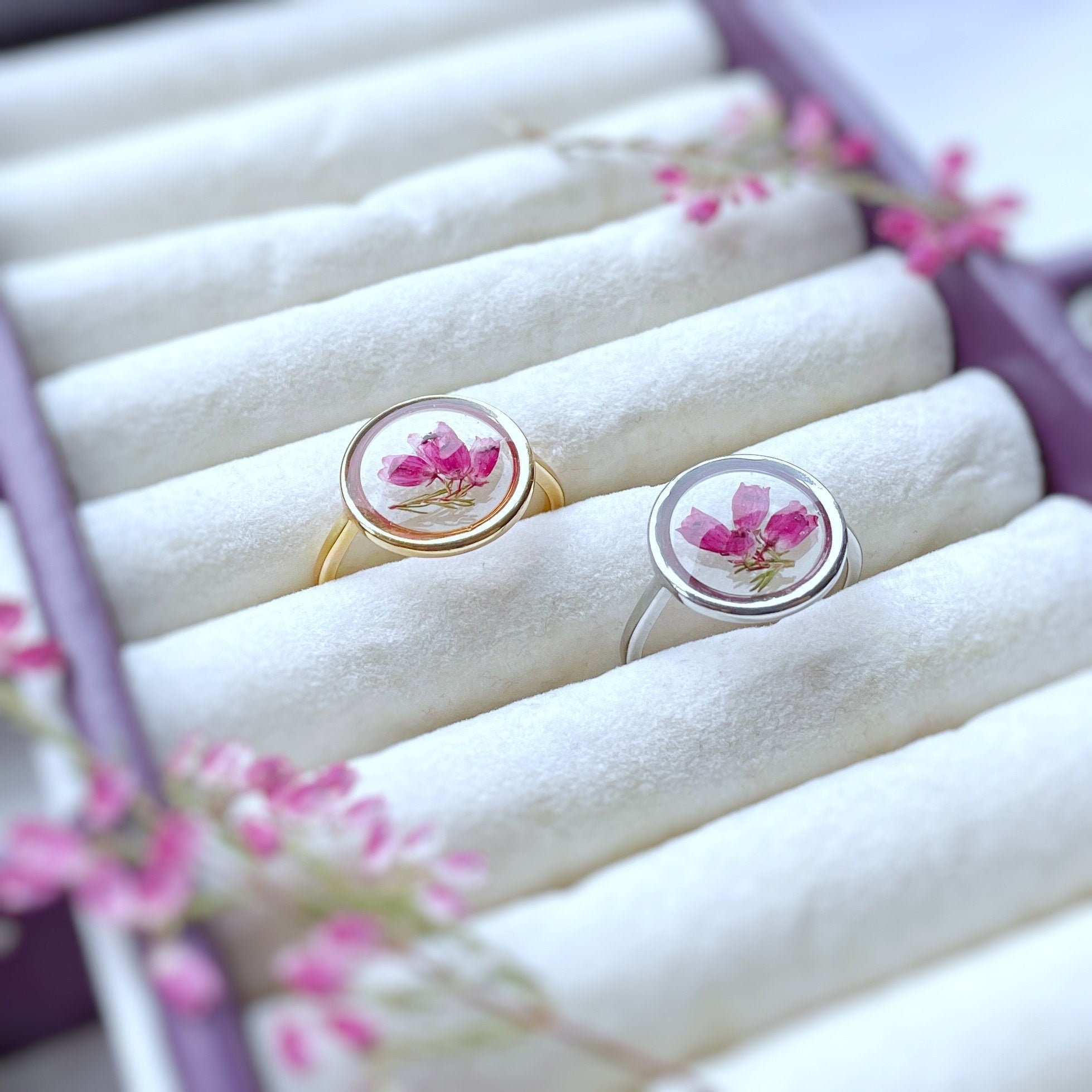 Real Flower Ring, Heather Flower Resin Ring, Botanical