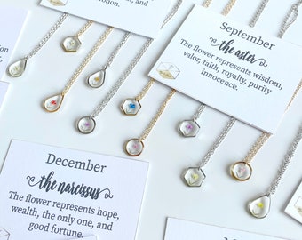 Personalized Birth Month Flower Necklace, Pressed Real Flower Necklace, Engraving Birthday Necklace Jewelry, Birthday Gift, Gift for Her
