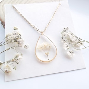 Teardrop Baby's Breath Resin Necklace, Pressed Flower Jewelry
