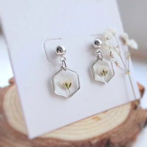 Hexagon Babys Breath Resin Earrings, Real Flower Geometric Earrings