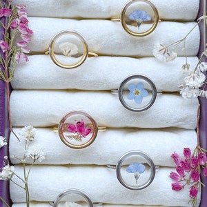 May include: A collection of eight rings with different pressed flowers inside. The rings are displayed in a purple velvet box with white fabric lining. The flowers include pink, white, and blue.