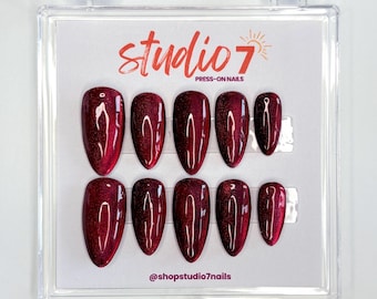 Garnet Glow: Deep Red Cat Eye Press-On Nails | Custom Hand-Painted Gel Set