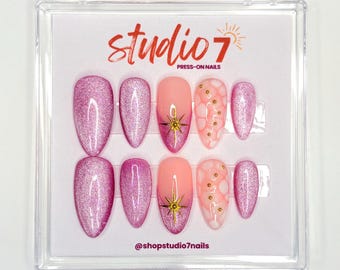 Purple Haze: Purple Cat Eye + Peach Celestial Press-On Nails | Custom Hand-Painted Gel Set
