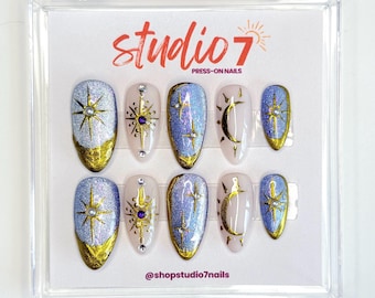 Celestial Archive: Blue Cat Eye + Gold Chrome Celestial Press-On Nails | Custom Hand-Painted Gel Set