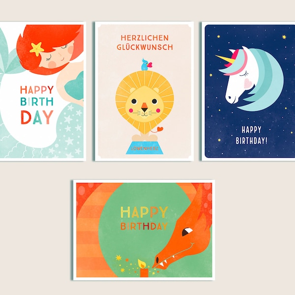 Geburtstagskarten / 4er Set / nachhaltiges Papier / regional und fair produziert / Glückwunschkarten