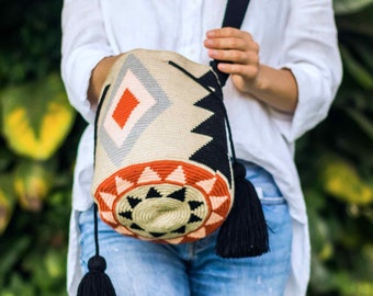 Sac Fairtrade TRIBAL WAYUU, Mochila ethnique de Colombie, bandoulière au crochet moyen, sac à main moyen fait à la main, sac seau, artisanat colombien