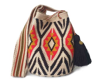 FAIRTRADE Mochila WAYUU ethnique, originaire de Colombie, sac à bandoulière moyen au crochet, sac à main moyen fait main, sac seau, artisanat colombien