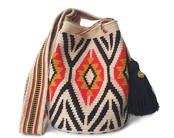 FAIRTRADE Mochila WAYUU ethnique, originaire de Colombie, sac à bandoulière moyen au crochet, sac à main moyen fait main, sac seau, artisanat colombien