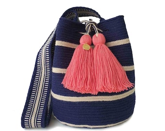 Bolso WAYUU Mediano Marino, Bolso Mochila, Regalo de Colombia, Bandolera Mediana de Ganchillo, Monedero Mediano Hecho a Mano, Bolso Bucket, Artesanía Colombiana