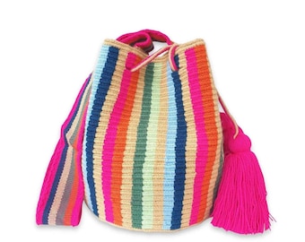 May include: A bucket bag featuring a vertical striped pattern in vibrant shades of hot pink, orange, dark blue, light blue, green, and beige. The bag includes a thick woven shoulder strap and a large, dangling hot pink yarn tassel.