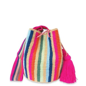 Striped Pink Wayuu Bag, Colombian Mochila Bag, Medium Handmade Crochet Crossbody, Handmade Medium Purse, Colombian Craft