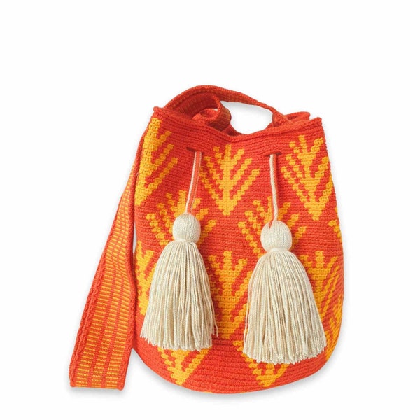 Bolso Wayuu Medio Caribeño, Mochila Mediana de Ganchillo, Monedero Mediano Hecho a Mano, Bolso Bucket Hecho en Colombia, Artesanía Colombiana