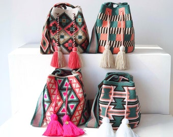 Sac WAYUU rose palmier, sac moyen mochila colombien, sac à main au crochet artisanal, cadeau colombien