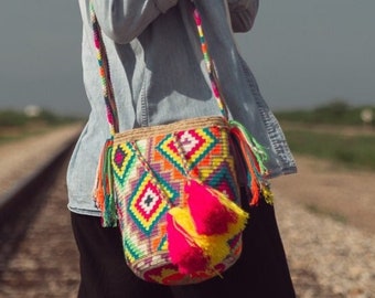 Sac Wayuu le plus vendu, Mochila de Colombie, bandoulière au crochet moyen, sac à main moyen fait à la main, sac seau, artisanat colombien