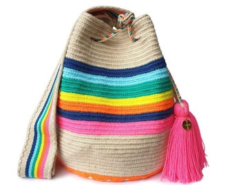 Sac WAYUU arc-en-ciel FAIRTRADE, mochila de Colombie, sac à bandoulière moyen au crochet, sac à main moyen fait main, sac seau, artisanat colombien