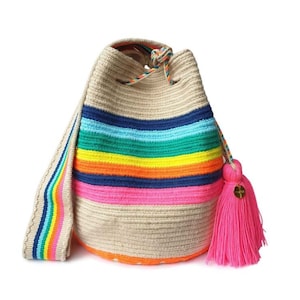 Gorgeous Rainbow WAYUU Bag, Mochila from Colombia, Medium Crochet Crossbody, Handmade Medium Purse, Bucket Bag, Colombian Craft Light Weight